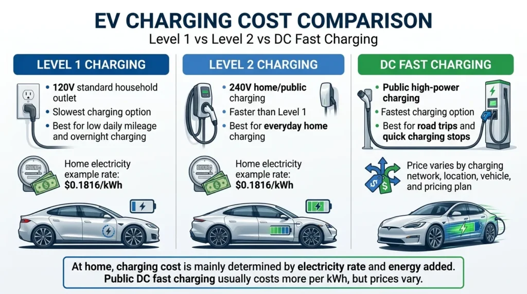 EV charging cost comparison Level 1 Level 2 and DC fast charging