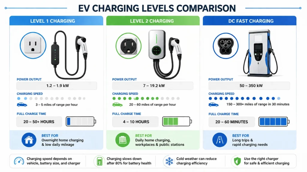 EV charging levels comparison Level 1 Level 2 and DC fast charging