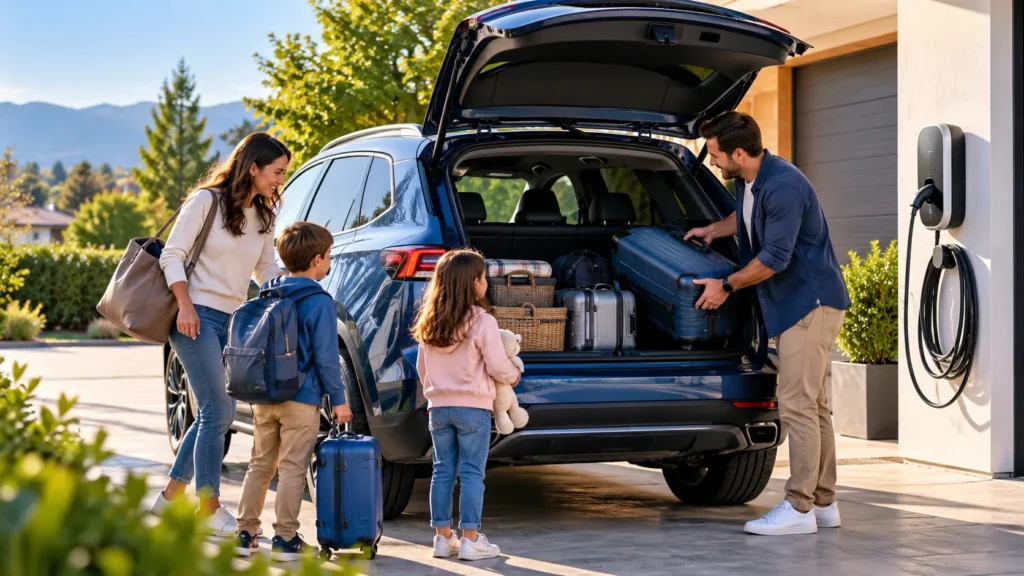 Family loading luggage into a spacious electric SUV for a road trip