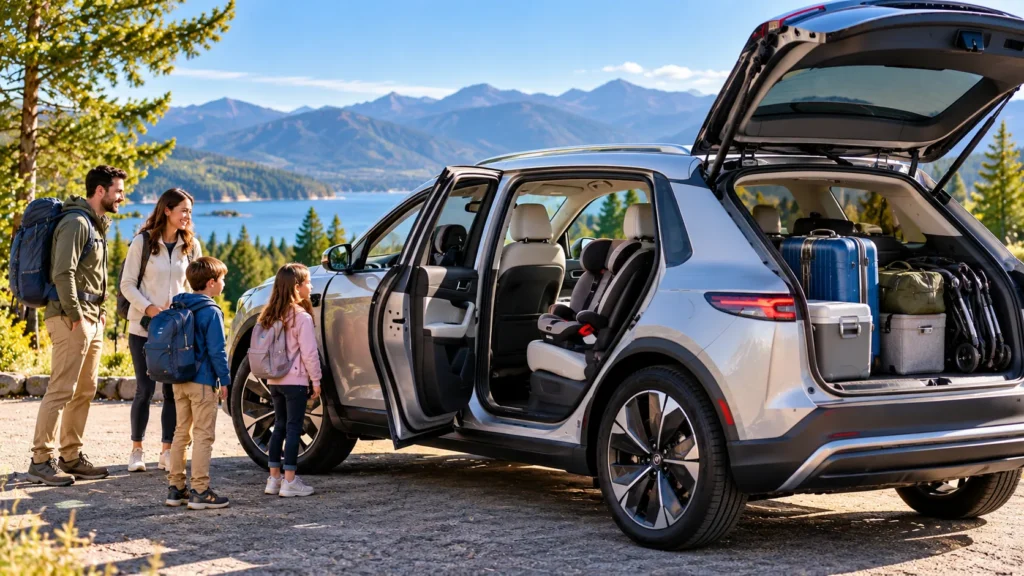 Family electric SUV with child seats and cargo space for a road trip