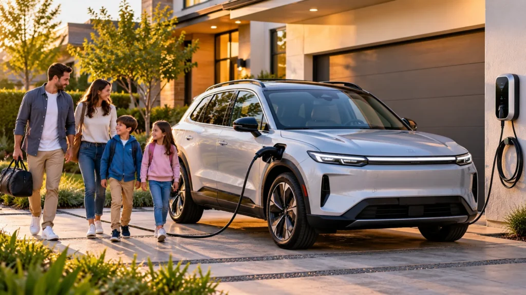 Family electric SUV charging at home with a Level 2 EV charger
