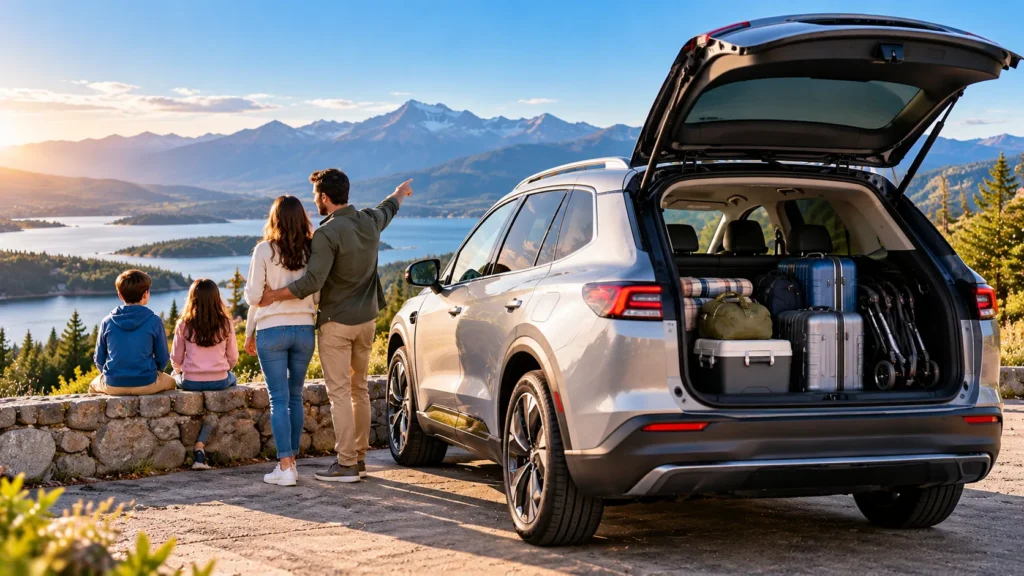 Family preparing for a road trip with a spacious electric SUV